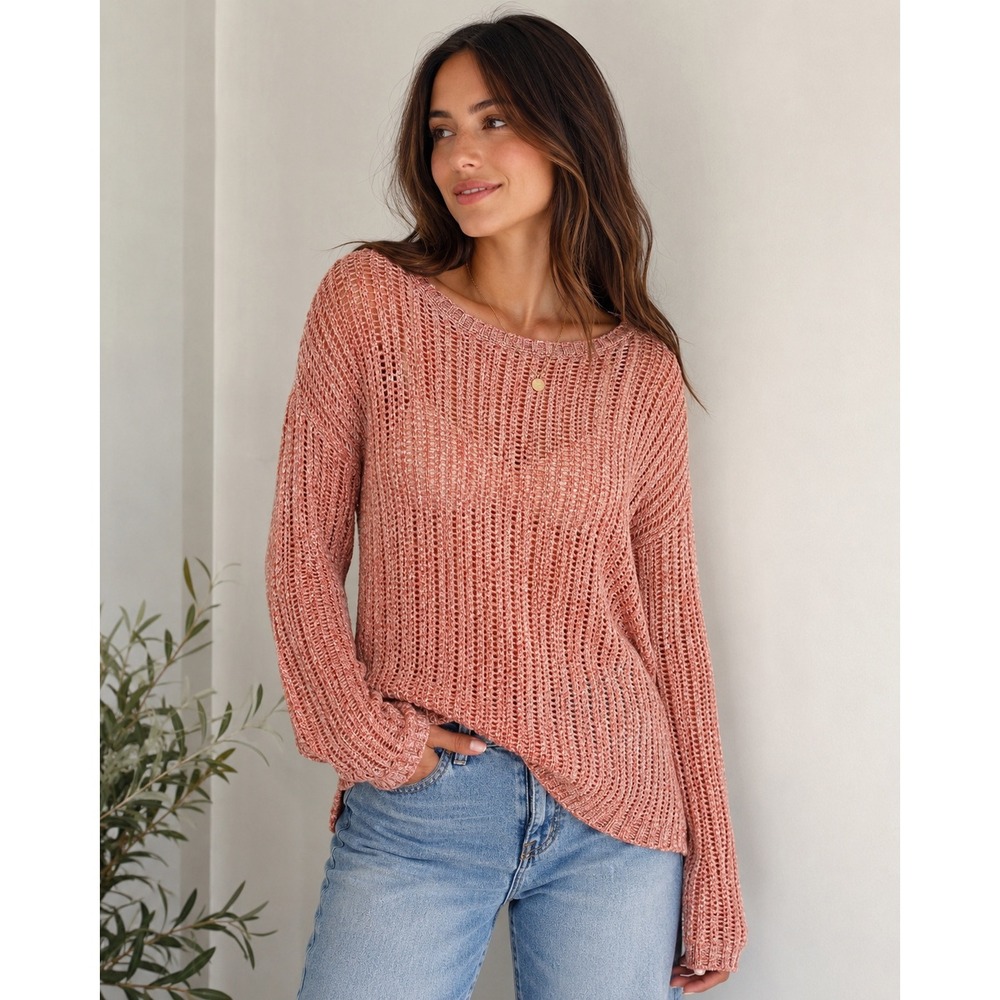 Talbots Open Knit Cotton Sweater Medium Crewneck Peach Coral‎ Casual Boho